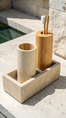 Modern Bathroom Organizer with Bamboo and Travertine Stone