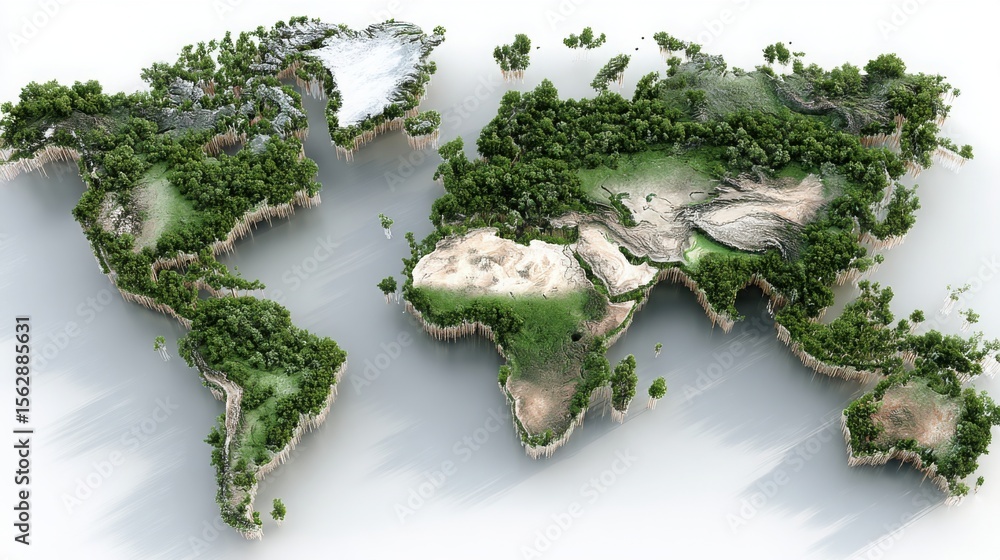 Poster artistic world map composed of trees representing biodiversity protection policies in a unique envir