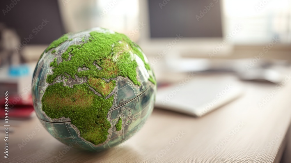 Poster green globe resting on a desk signifying biodiversity support ratio in a conceptual environmental in