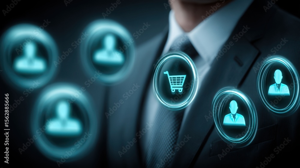 Poster professional man in suit surrounded by multiple icons representing consumer price index and economic