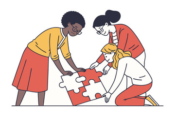 Teamwork Puzzle: A dedicated team of three individuals collaborate in a concerted effort to piece together a vibrant jigsaw puzzle. The image represents a collective endeavour.