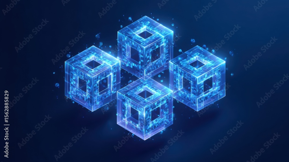 Poster blue cube with intricate pattern of blue squares illustrating blockchain concepts in verification an