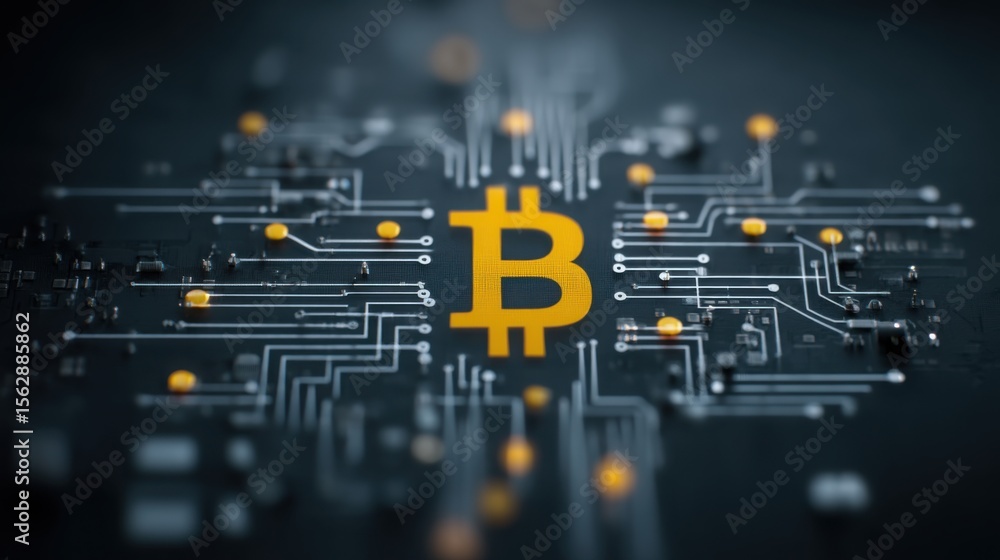 Poster bitcoin circuit design depicting the flow of digital currency in a minimalistic representation of mo