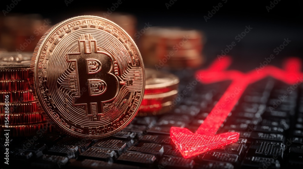 Poster bitcoin placed on a computer keyboard signifying the integration of technology and blockchain sentim