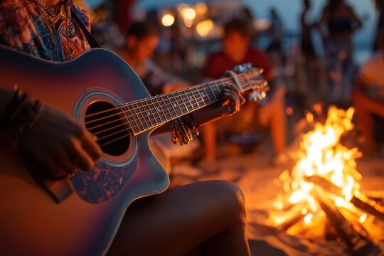 Person playing guitar by campfire on beach