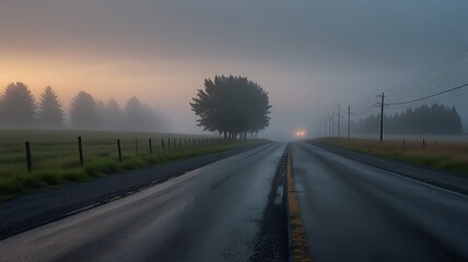 Fototapeta premium Foggy Road at Dawn with Faint Tire Tracks Evoking Reflection and Solitude