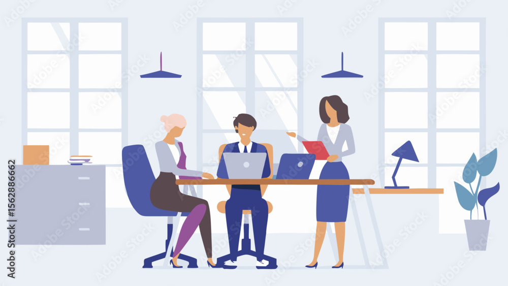 Poster three colleagues collaborating in a modern office setting with laptops and documents on a wooden tab