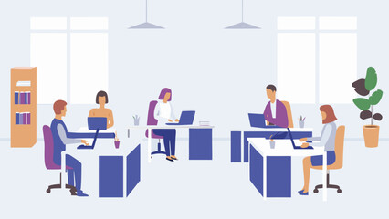 Obraz premium Illustration of a modern office space with employees working at desks and natural light from windows showing