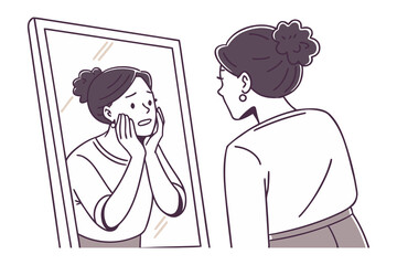 Self-Reflection: A woman gazes into a mirror, confronting her reflection with an expression of contemplation, embodying introspective self-awareness. 