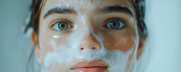 Facial skin care routine concept. young woman looking in the mirror during washing her face with facial foam, Generative AI