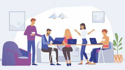 Illustration of a diverse team collaborating around a table with laptops in a modern office space
