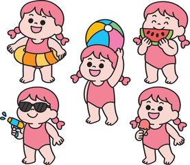 Cute Child Summer Activities Character Set with Beach and Pool Fun