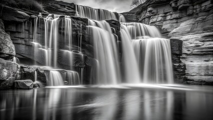 Serene Monochrome Waterfall: Long Exposure Photography of Cascading Water over Rocky Cliffs, Peaceful Nature Scene