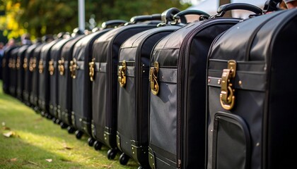 一列に並んだ黒いスーツケースの壮観な光景