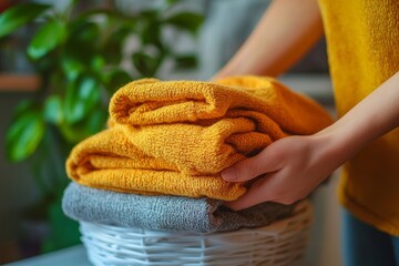 Close-up of hands organizing clean clothes after laundry, maintaining an orderly household, Generative AI