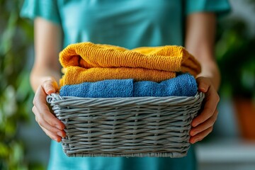 Close-up of hands organizing clean clothes after laundry, maintaining an orderly household, Generative AI