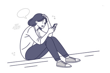 Worried Woman with Phone: A young woman sits on the ground, looking worried while she checks her smartphone.  A speech bubble suggests an incoming message or call that is causing her distress.