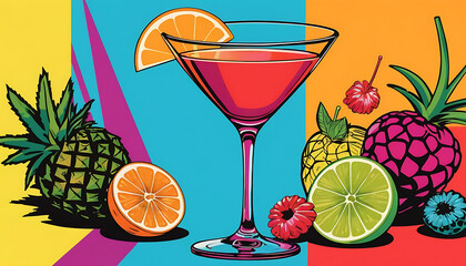 Vibrant Cocktail Still Life: Bold Colors, Exotic Fruits, Graphic Style.
