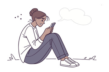Smartphone Dilemma: A woman is engrossed in her smartphone, revealing her mixed expressions and thoughts through the speech bubble. A glimpse into modern connection and digital world