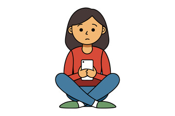 Woman and Phone: A young woman with a subtle expression sits cross-legged, engrossed in her smartphone, conveying a mood of contemplative engagement.