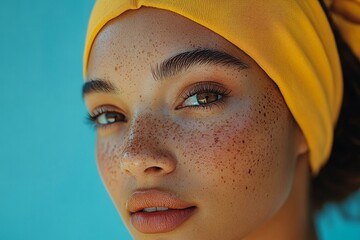 Young female with freckles on her face,  natural beauty in a fresh and vibrant look, Generative AI