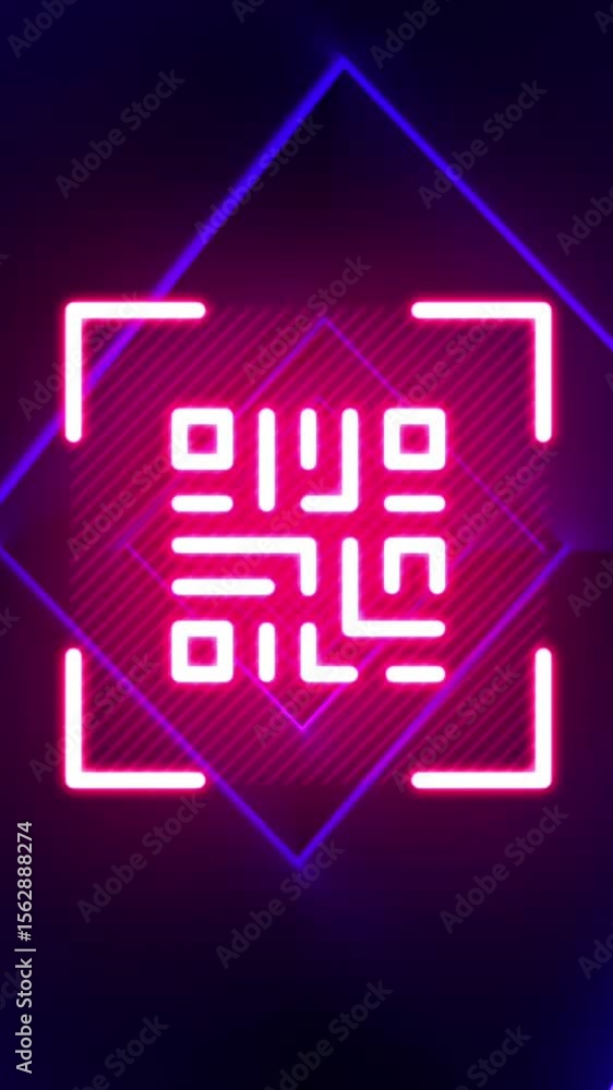 Poster animation of qr code in viewfinder over rhombuses tunnel against blue background