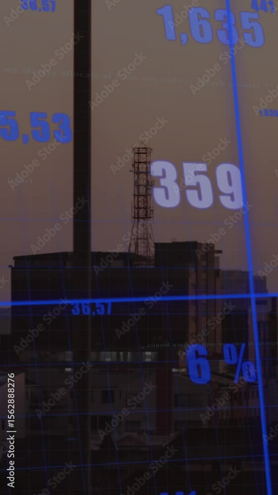 Aufkleber animation of changing numbers and multiple graphs over modern buildings against sky
