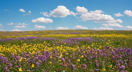 爽やか青空下、黄色紫花野原輝く風景写真