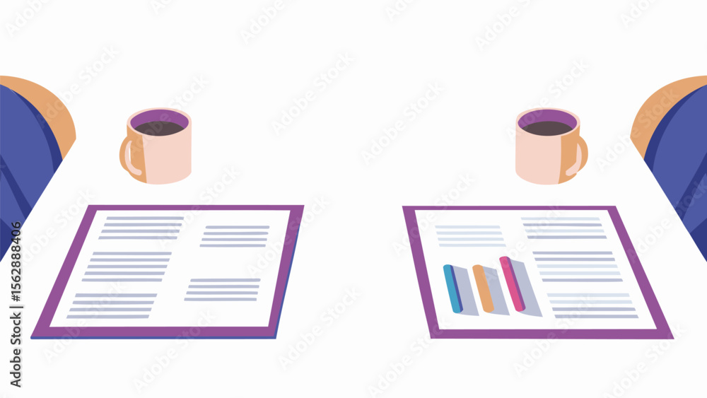 Poster a meeting table with two coffee cups and documents with charts and text is displayed here
