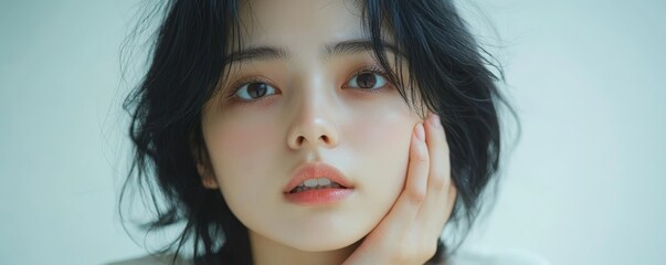 Face expression suffering from sensitive teeth, Asian young woman touching cheek, Generative AI