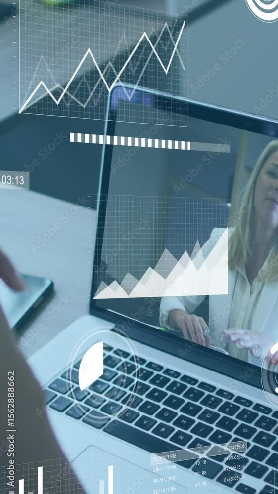 Poster animation of multiple graphs over diverse female coworkers discussing reports on video call