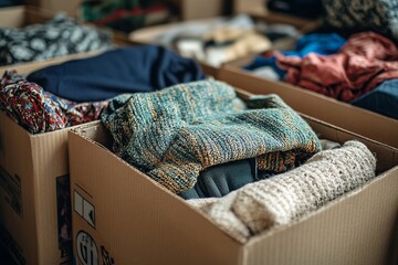 Close-up of boxes of belongings being prepared for donation to charity, supporting a sustainable lifestyle, Generative AI