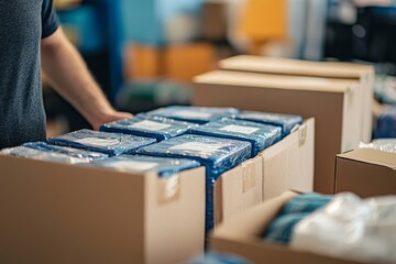 Close-up of boxes of belongings being prepared for donation to charity, supporting a sustainable lifestyle, Generative AI
