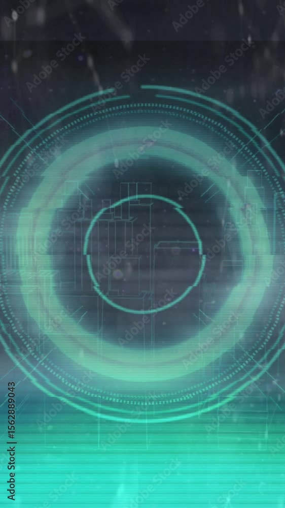Poster animation of loading circles, connected dots and computer language over 3d model of city