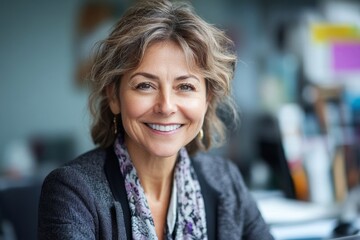 Close-up of a smiling businesswoman in her office, radiating professionalism and positivity as she engages in her work, Generative AI