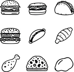 Black & White Food Icon Grid &ndash; Burgers, Tacos, Chicken & Snacks Line Art Set