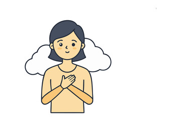 Gratitude Expressed: A young woman embodies a tranquil state of mind, her hands gently resting over her heart. Embracing her self gratitude, positive feelings and peace.