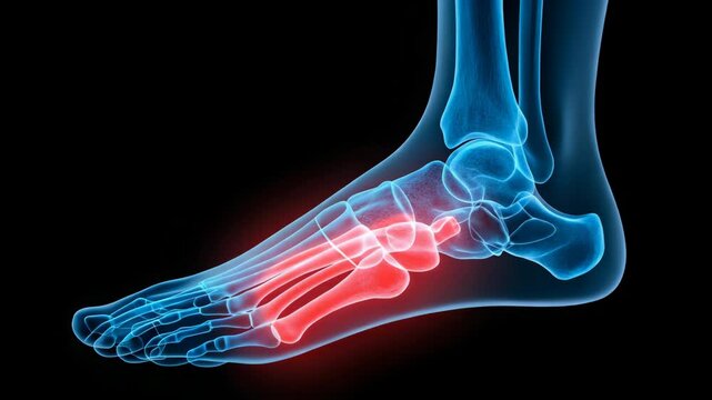 Animation displaying foot bones with inflamed calcaneus, showcasing anatomy and potential pain points related to bone injury and musculoskeletal disorders requiring medical attention.