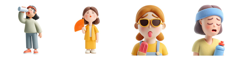 PNG summer woman no bg sample mockup with icecream, fan, water bottle against heatstroke using for decoration.