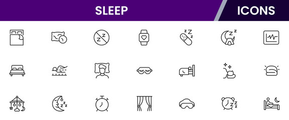 Sleep line icon collection. Morning, bed, pillow, sleepy, day dreaming, night, blanket, and deep sleep icon set. UI outline icon pack