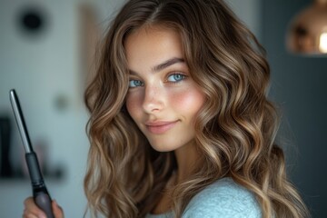 Women hairdo and makeup routine: A young woman curls her long hair with an iron, getting ready at home for the day ahead, Generative AI
