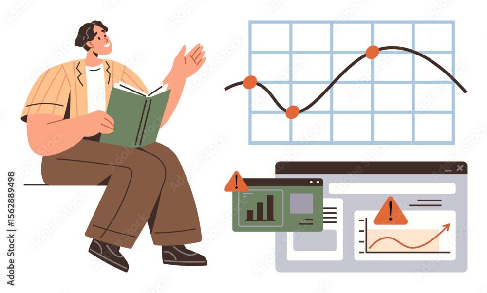 Poster man holding an open book, gesturing to graphs warning icons on data charts and screens. ideal for an