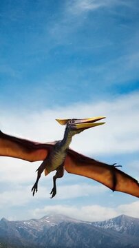 Majestic pterosaur swooping over mountain range in clear sky.