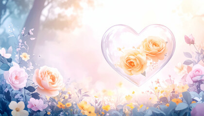 A serene illustration of roses in a heart shape surrounded by a floral landscape.