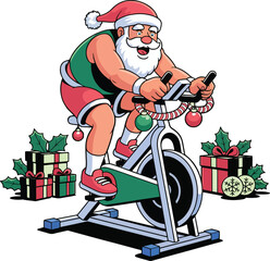 Santa Claus Riding A Spin Bike In Festive Holiday Gym