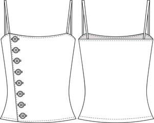 sleeveless strappy strapped spaghetti straps square neck buttoned fit bodycon elastic blouse top template technical drawing flat sketch cad mockup fashion woman design style model 
