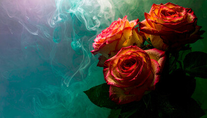 A vibrant arrangement of roses surrounded by ethereal smoke.