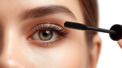 Close up of eye with mascara wand applying makeup, showcasing beauty and elegance