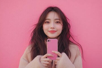 Young asian woman recording herself interview video via smartphone for her vlog, Generative AI