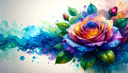 A vibrant watercolor rose surrounded by colorful splashes and leaves.